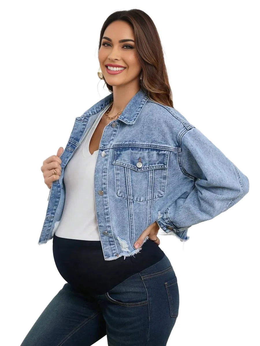 Pregnant Women Casual Outgoing Distressed Short Denim Jacket NonStretchy Autumn