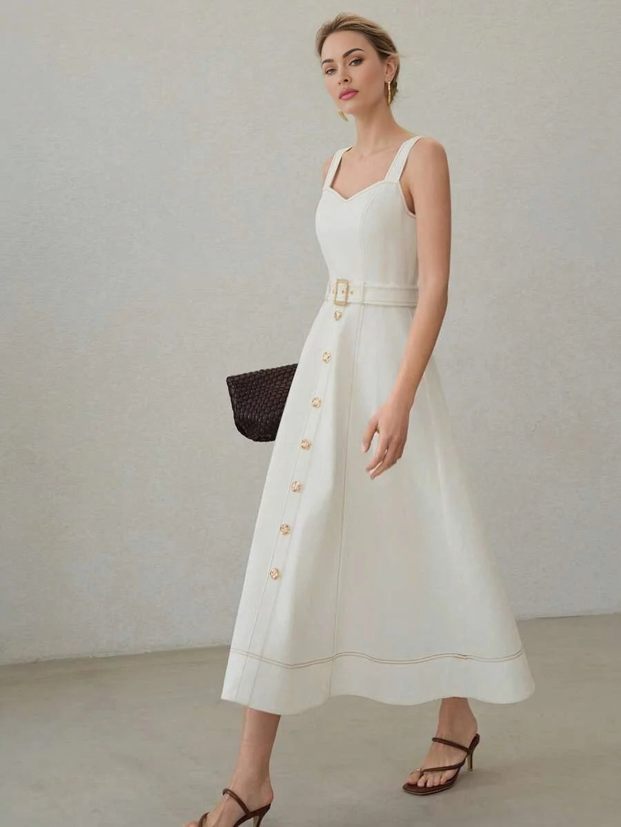 PREMIUM 100 COTTON GOLD BUTTON WAIST TIE MIDI DRESS