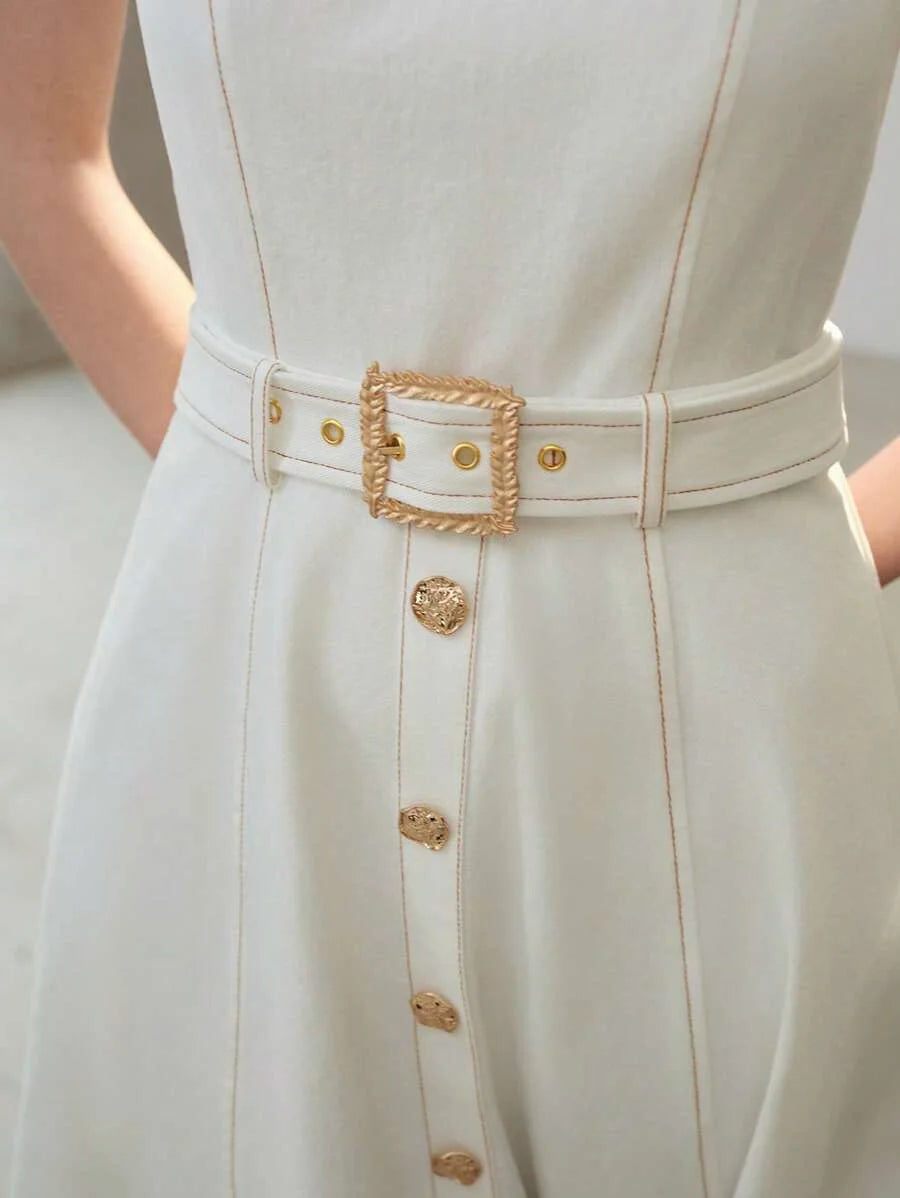 PREMIUM 100 COTTON GOLD BUTTON WAIST TIE MIDI DRESS