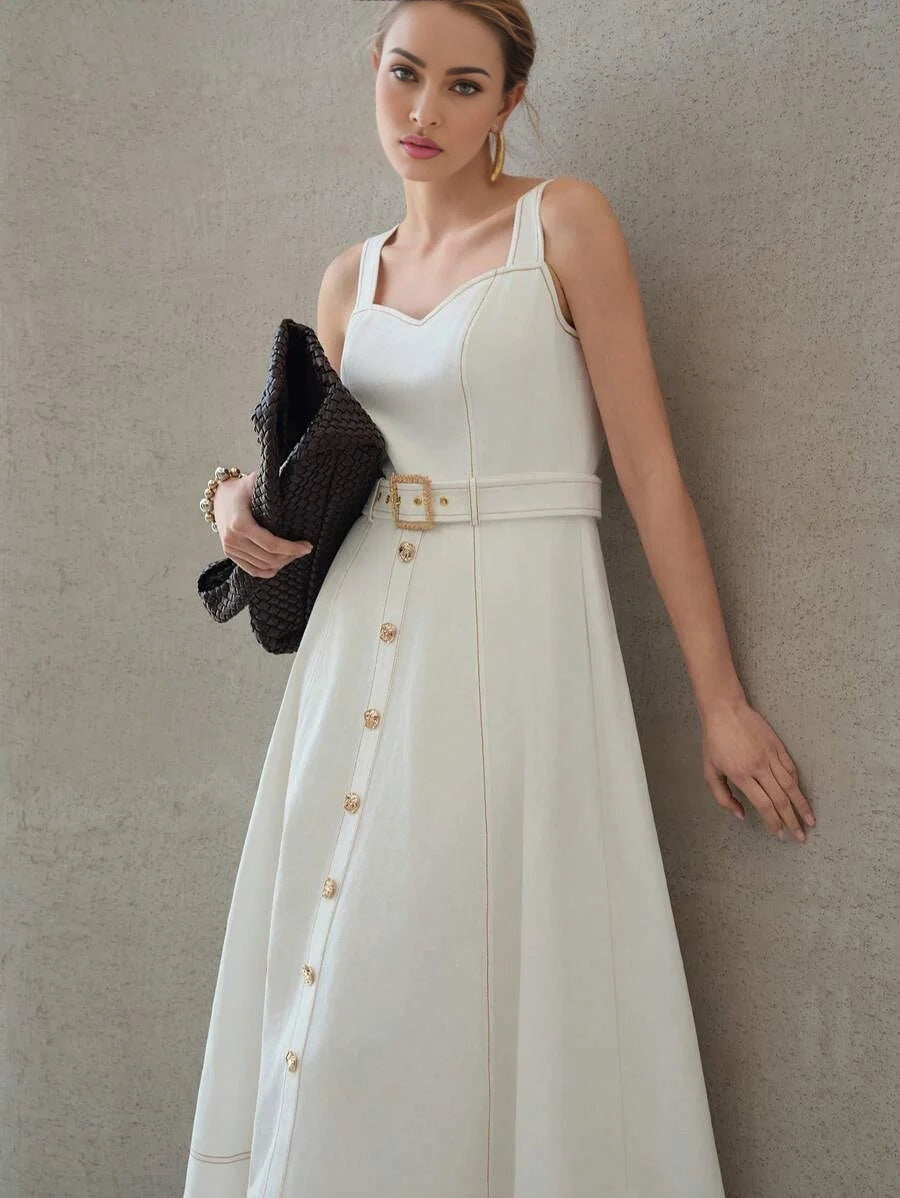 PREMIUM 100 COTTON GOLD BUTTON WAIST TIE MIDI DRESS