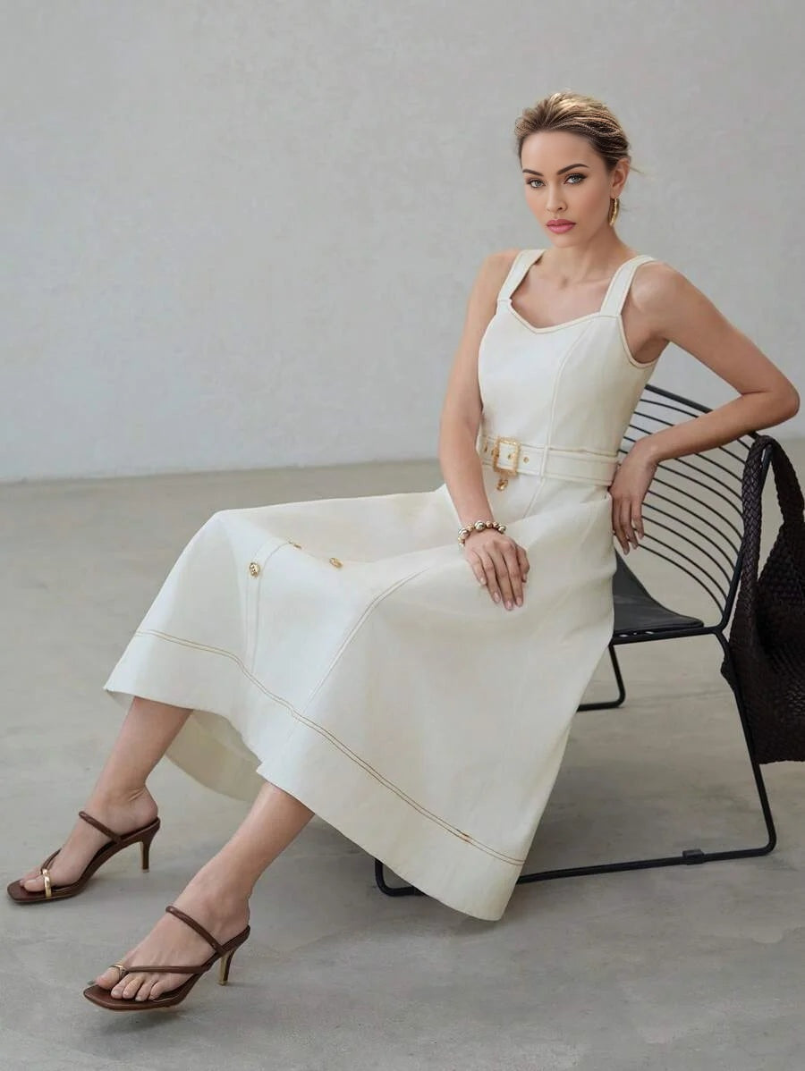 PREMIUM 100 COTTON GOLD BUTTON WAIST TIE MIDI DRESS