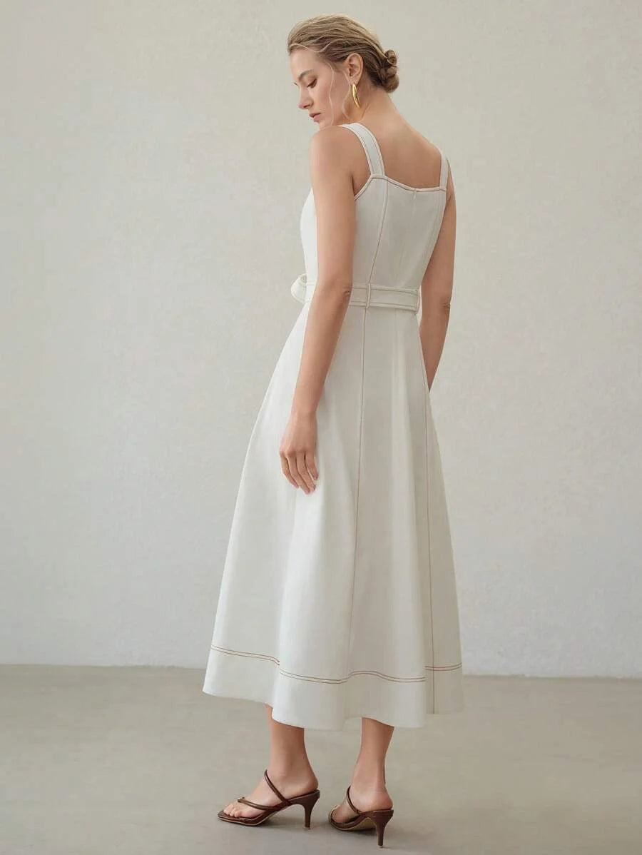 PREMIUM 100 COTTON GOLD BUTTON WAIST TIE MIDI DRESS