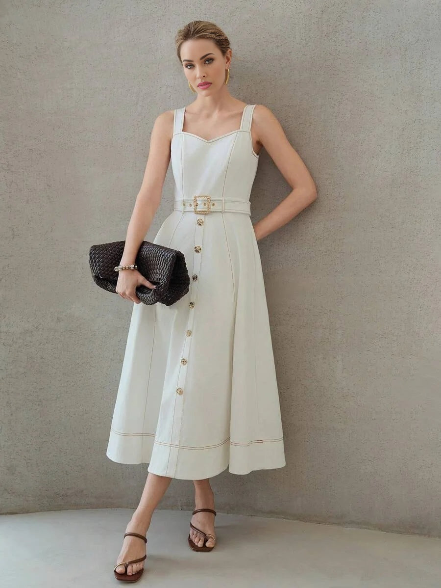 PREMIUM 100 COTTON GOLD BUTTON WAIST TIE MIDI DRESS