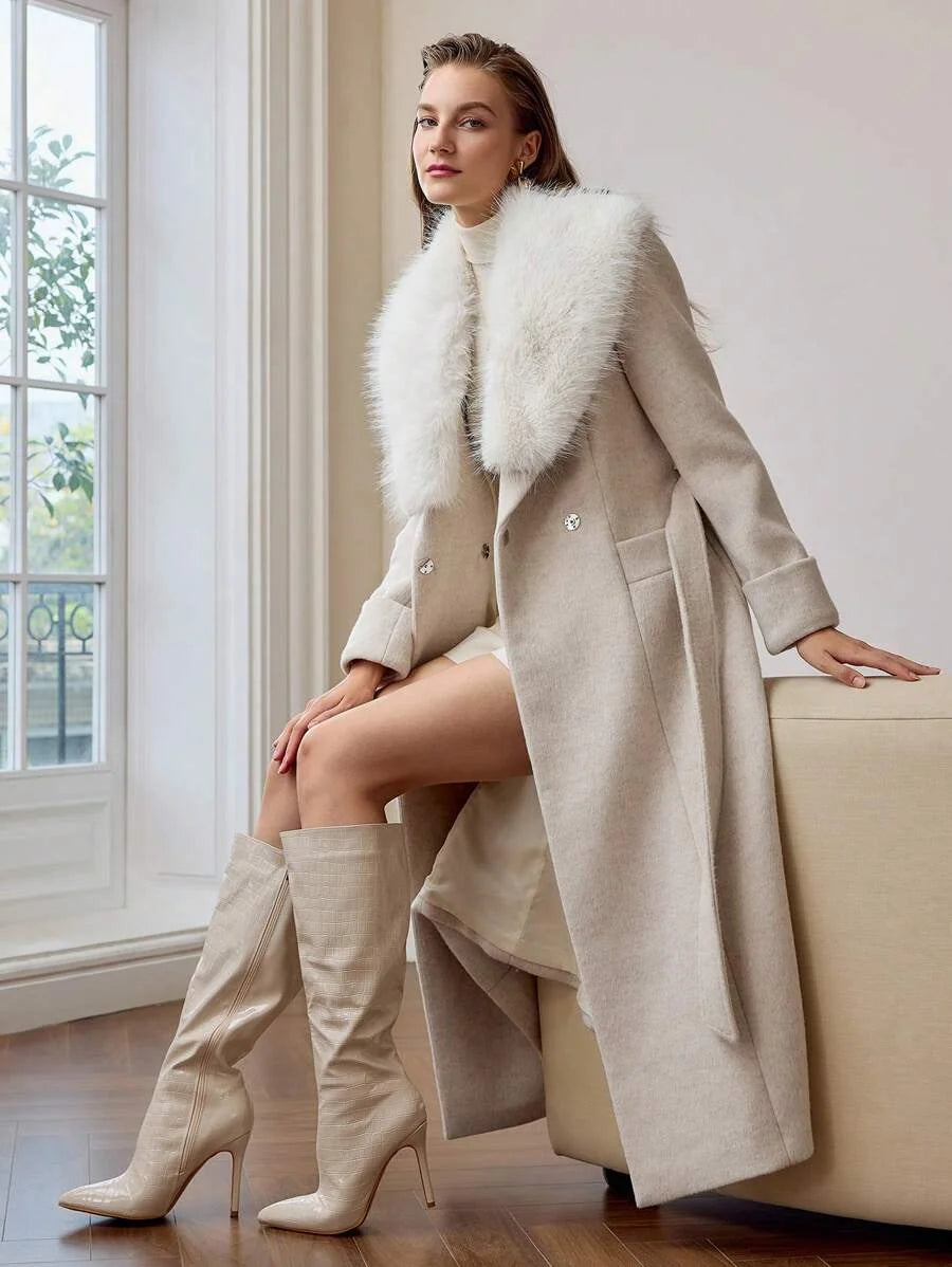 PREMIUM 1PC WOMENS BELTED OVERCOAT WITH FLUFFY COLLAR