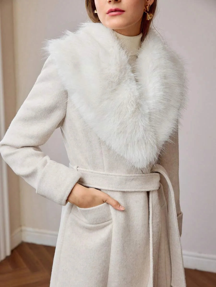 PREMIUM 1PC WOMENS BELTED OVERCOAT WITH FLUFFY COLLAR