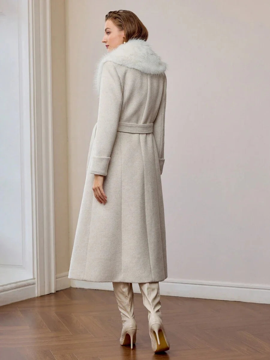 PREMIUM 1PC WOMENS BELTED OVERCOAT WITH FLUFFY COLLAR
