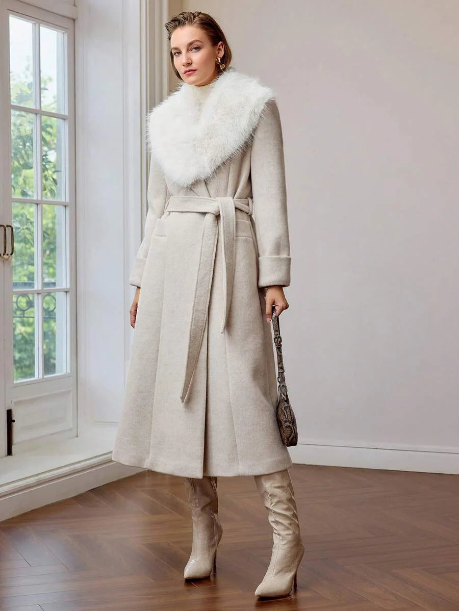 PREMIUM 1PC WOMENS BELTED OVERCOAT WITH FLUFFY COLLAR