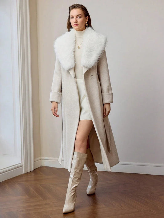 PREMIUM 1PC WOMENS BELTED OVERCOAT WITH FLUFFY COLLAR