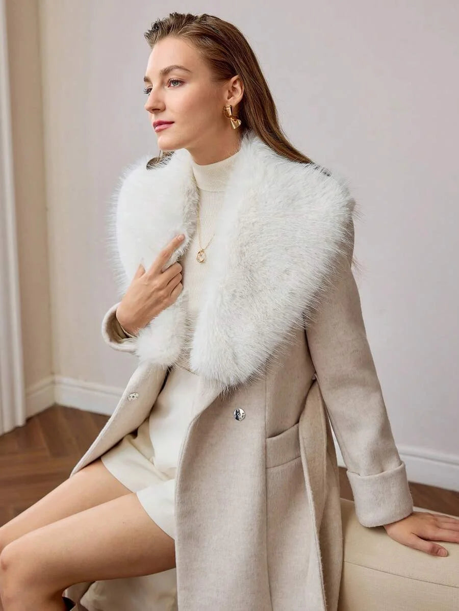 PREMIUM 1PC WOMENS BELTED OVERCOAT WITH FLUFFY COLLAR