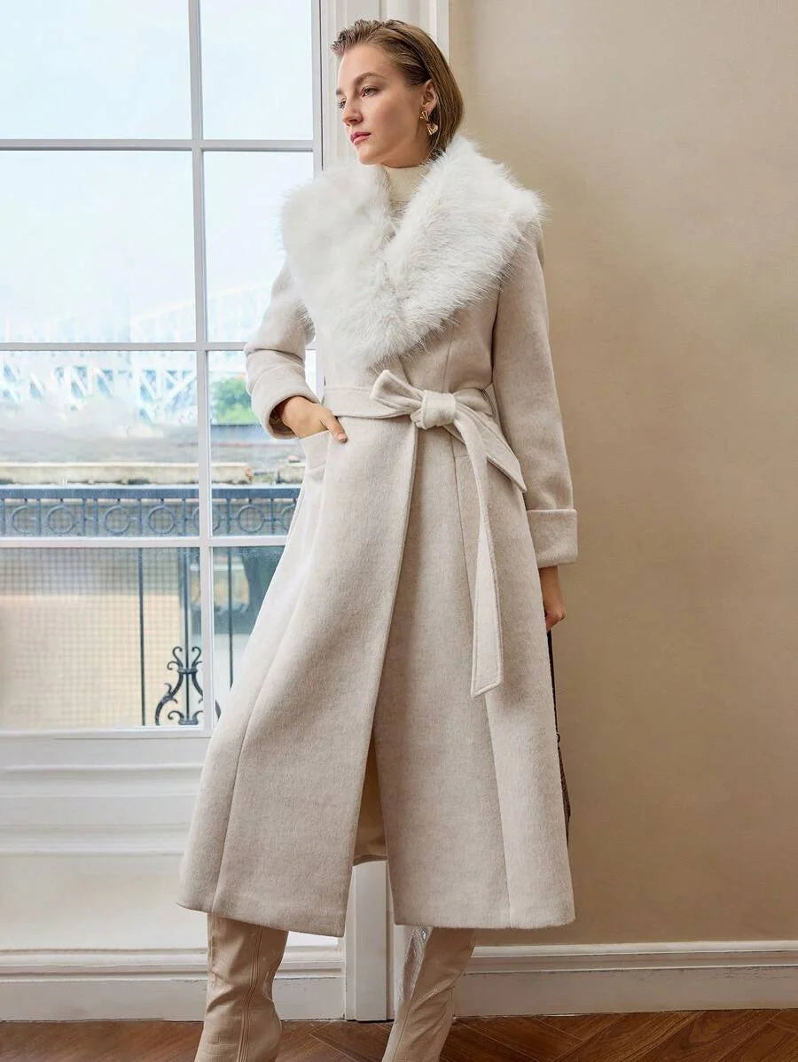 PREMIUM 1PC WOMENS BELTED OVERCOAT WITH FLUFFY COLLAR