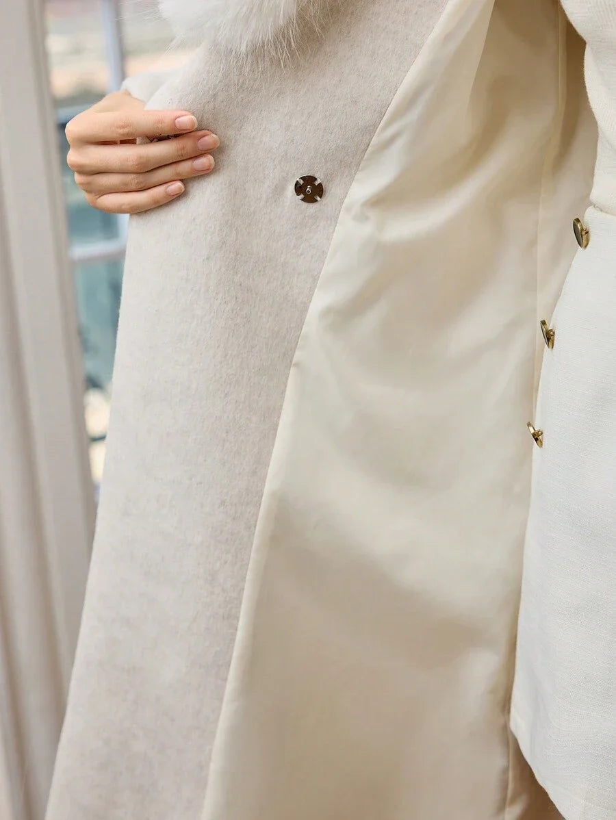 PREMIUM 1PC WOMENS BELTED OVERCOAT WITH FLUFFY COLLAR