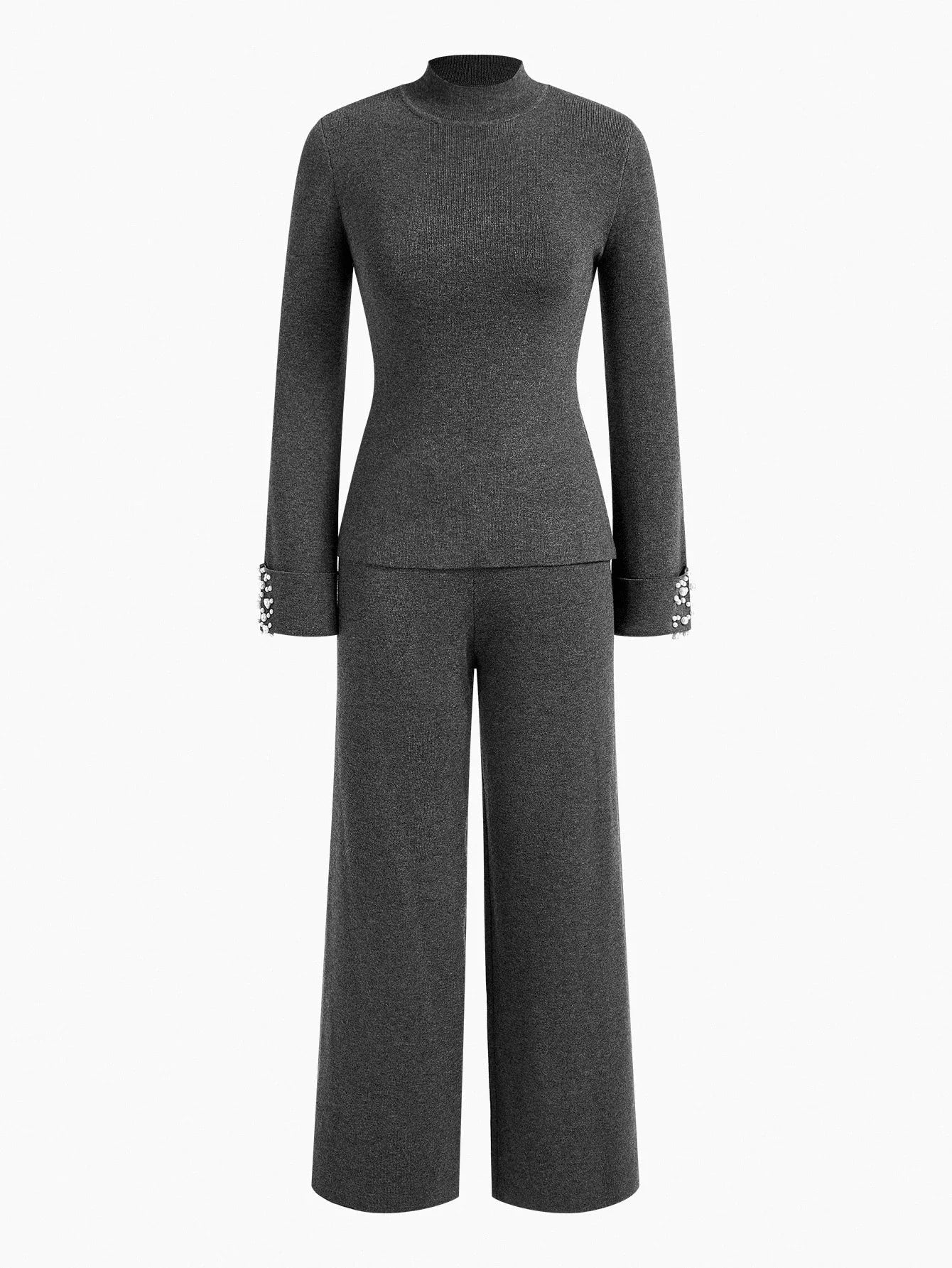 PREMIUM 2PCS ELEGANT KNIT SET FITTED SWEATER WITH FAUX PEARL CUFF DECOR WIDE LEG KNIT PANTS