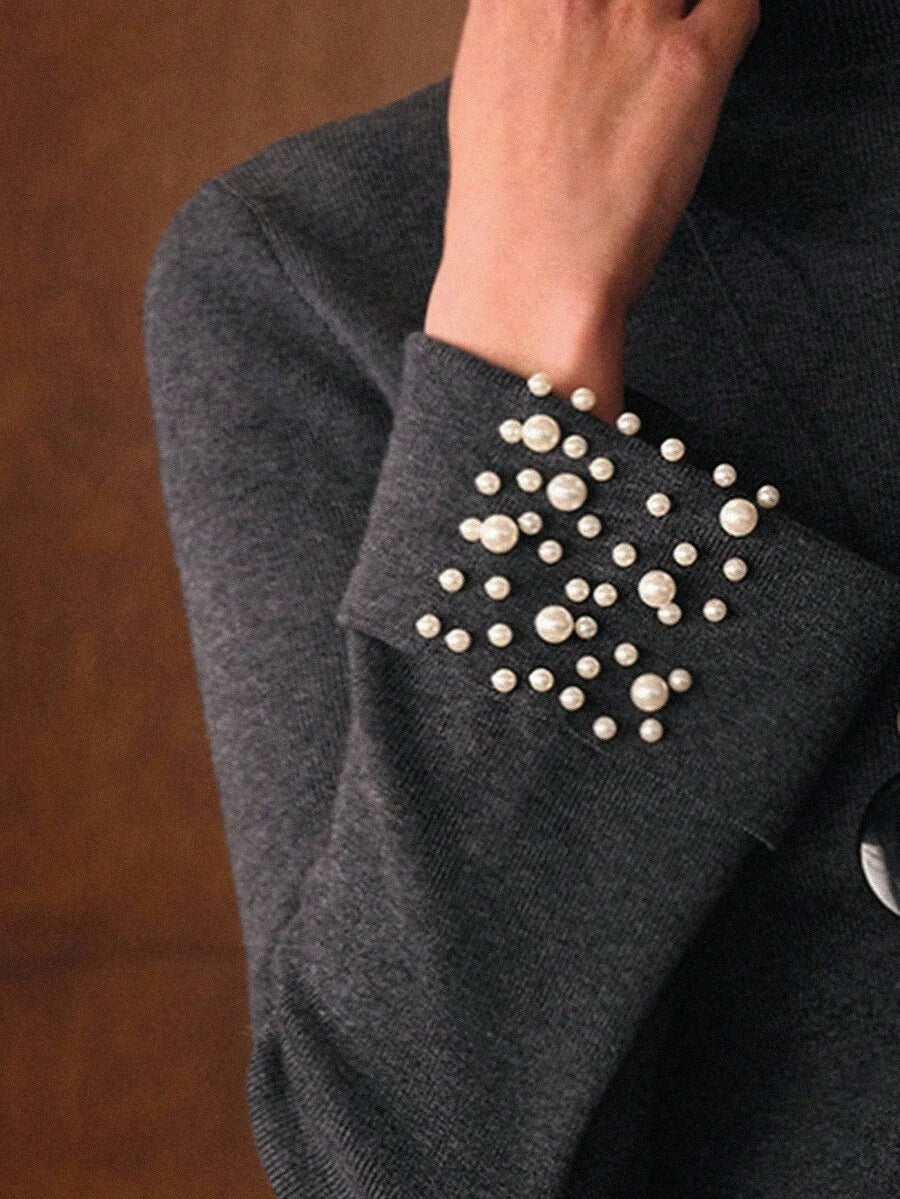 PREMIUM 2PCS ELEGANT KNIT SET FITTED SWEATER WITH FAUX PEARL CUFF DECOR WIDE LEG KNIT PANTS