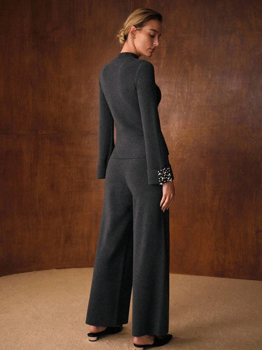 PREMIUM 2PCS ELEGANT KNIT SET FITTED SWEATER WITH FAUX PEARL CUFF DECOR WIDE LEG KNIT PANTS