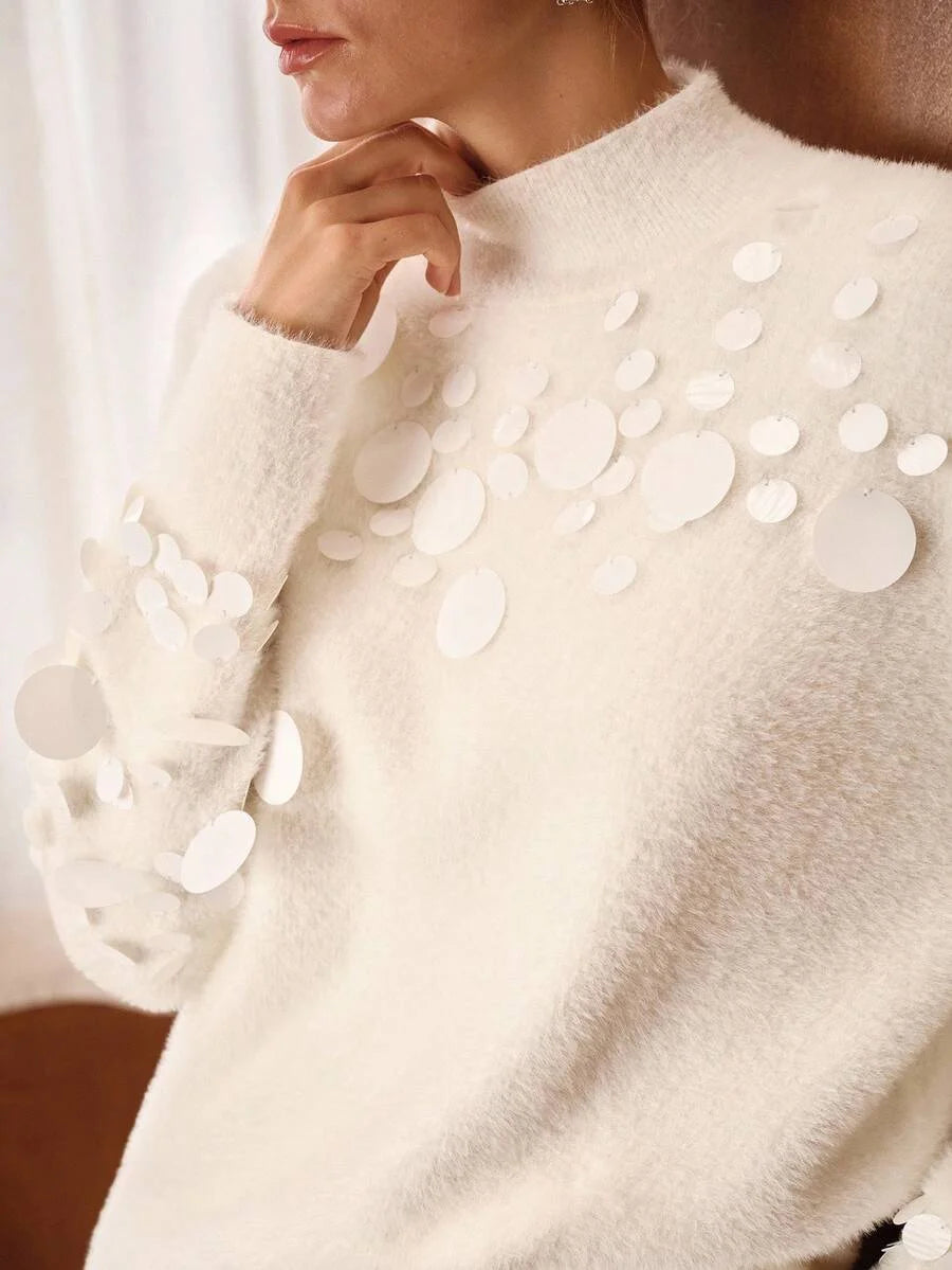 PREMIUM 2PCS SWEATER SET SEQUIN EMBELLISHED CUFF MOCK NECK SWEATER AND WIDE LEG KNIT PANTS ELEGANT