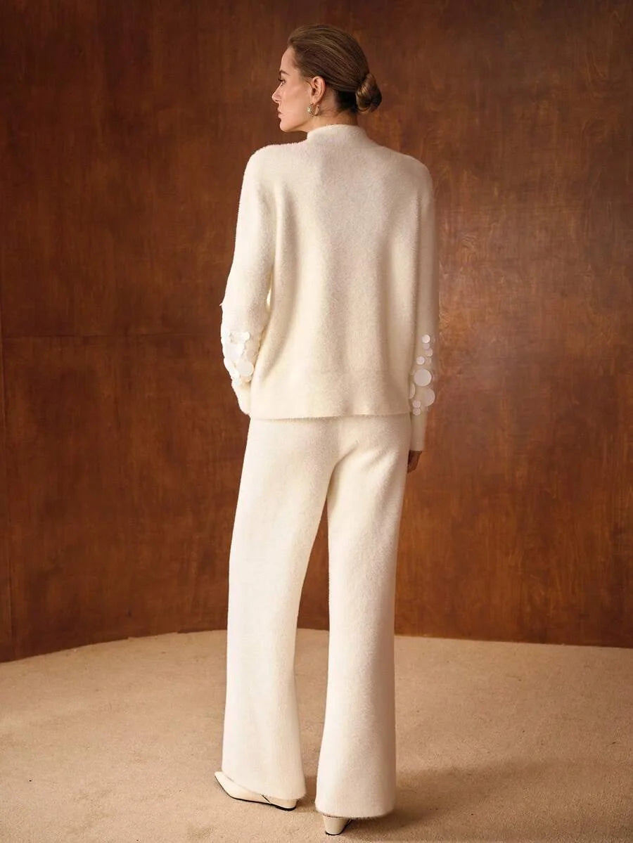 PREMIUM 2PCS SWEATER SET SEQUIN EMBELLISHED CUFF MOCK NECK SWEATER AND WIDE LEG KNIT PANTS ELEGANT