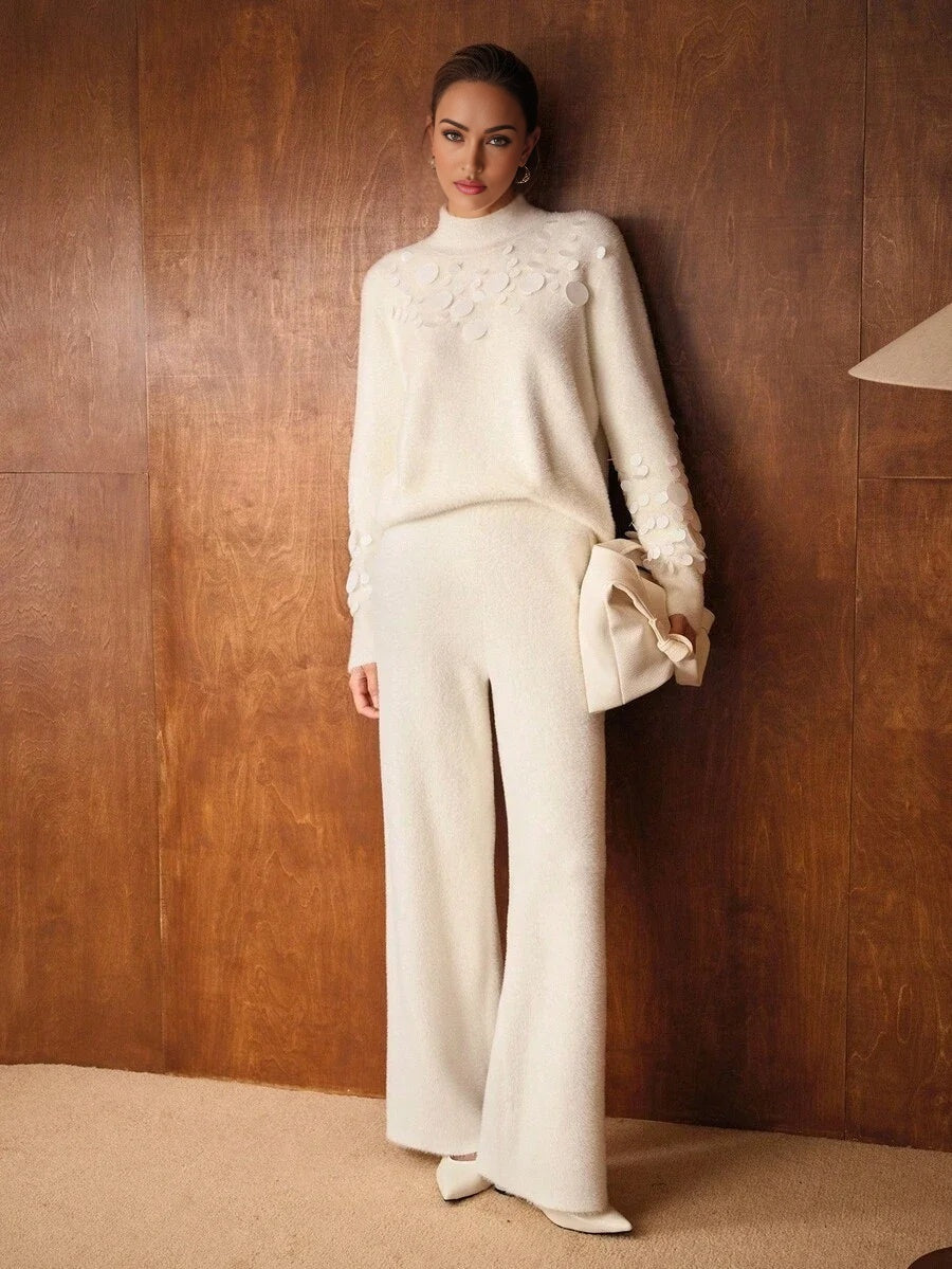 PREMIUM 2PCS SWEATER SET SEQUIN EMBELLISHED CUFF MOCK NECK SWEATER AND WIDE LEG KNIT PANTS ELEGANT