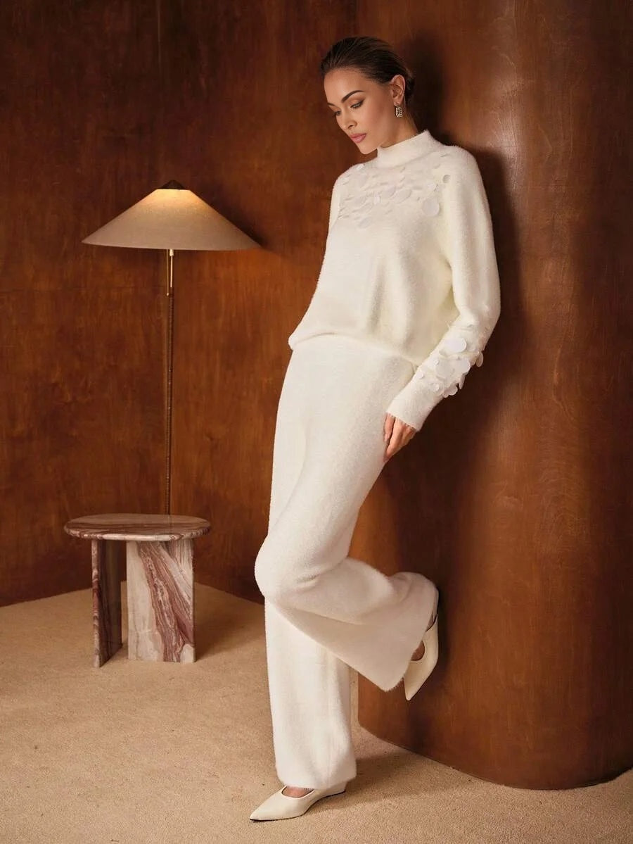 PREMIUM 2PCS SWEATER SET SEQUIN EMBELLISHED CUFF MOCK NECK SWEATER AND WIDE LEG KNIT PANTS ELEGANT
