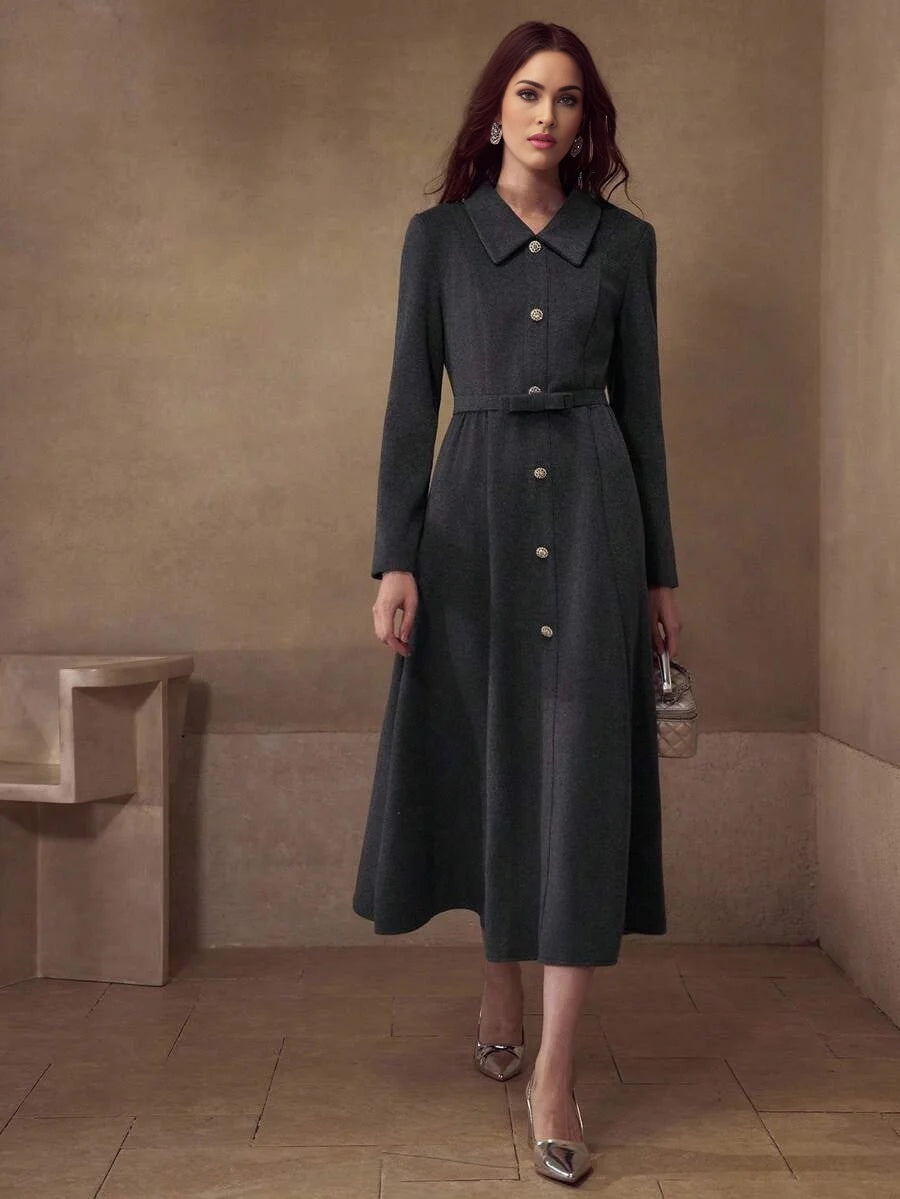 PREMIUM 40 WOOL MINIMALIST RHINESTONE BUTTON WAIST ALINE BOW BELT MIDI DRESS ELEGANT FOR COMMUTING