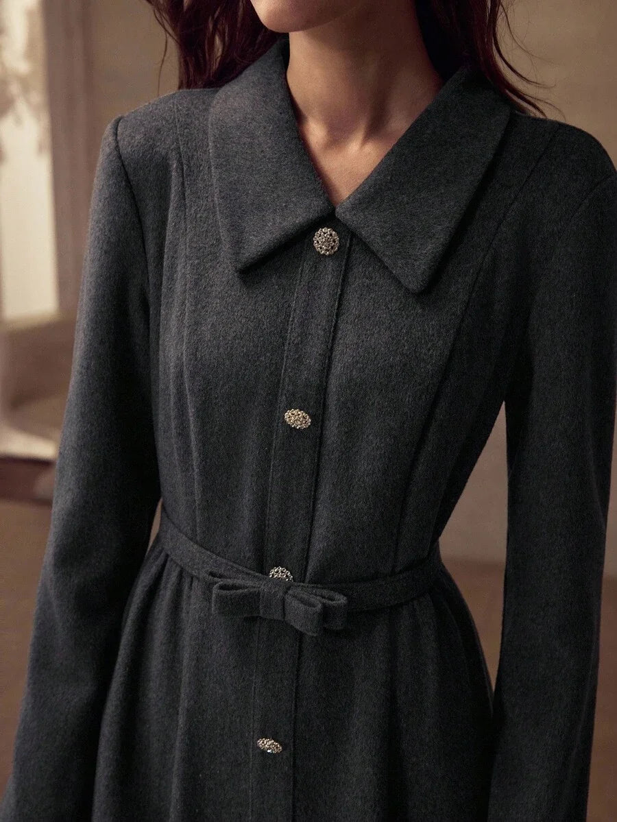 PREMIUM 40 WOOL MINIMALIST RHINESTONE BUTTON WAIST ALINE BOW BELT MIDI DRESS ELEGANT FOR COMMUTING