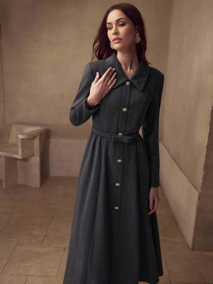 PREMIUM 40 WOOL MINIMALIST RHINESTONE BUTTON WAIST ALINE BOW BELT MIDI DRESS ELEGANT FOR COMMUTING