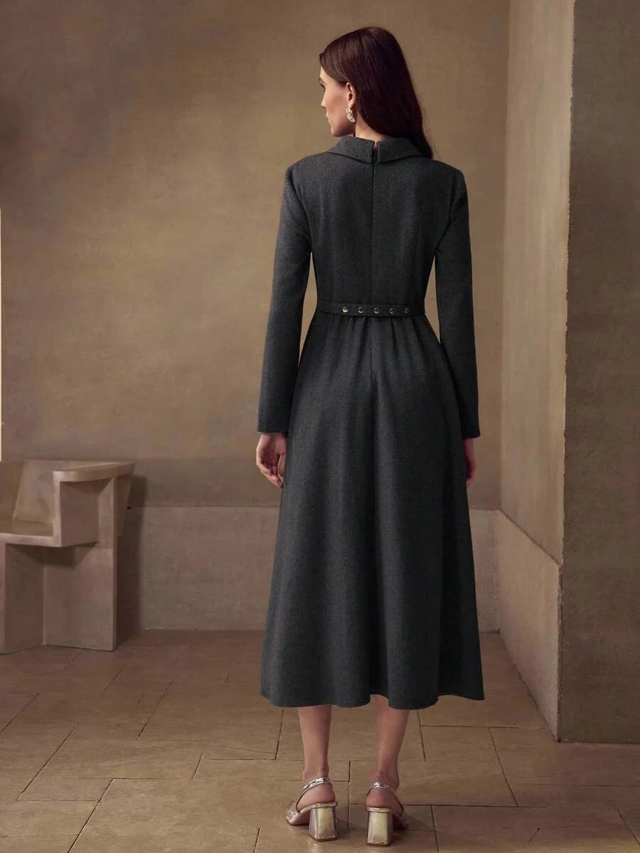 PREMIUM 40 WOOL MINIMALIST RHINESTONE BUTTON WAIST ALINE BOW BELT MIDI DRESS ELEGANT FOR COMMUTING