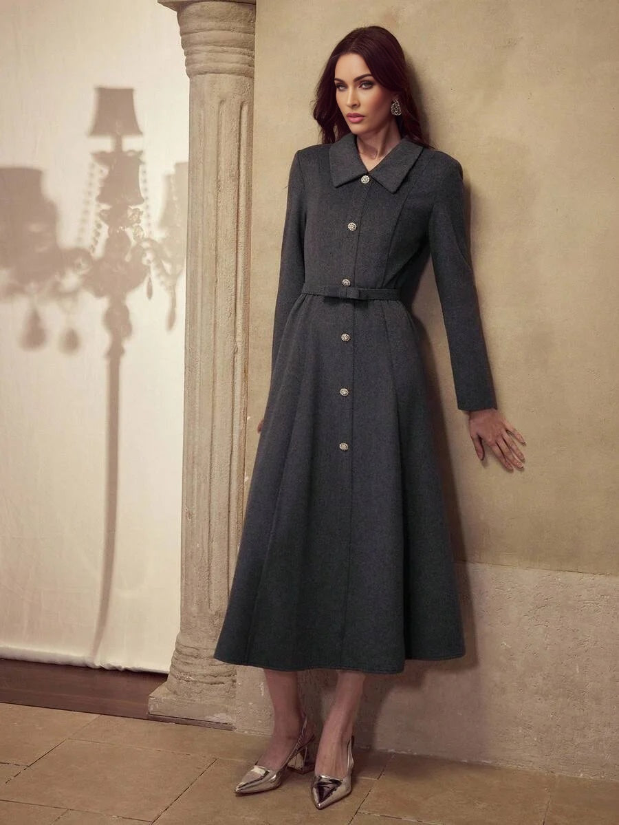 PREMIUM 40 WOOL MINIMALIST RHINESTONE BUTTON WAIST ALINE BOW BELT MIDI DRESS ELEGANT FOR COMMUTING