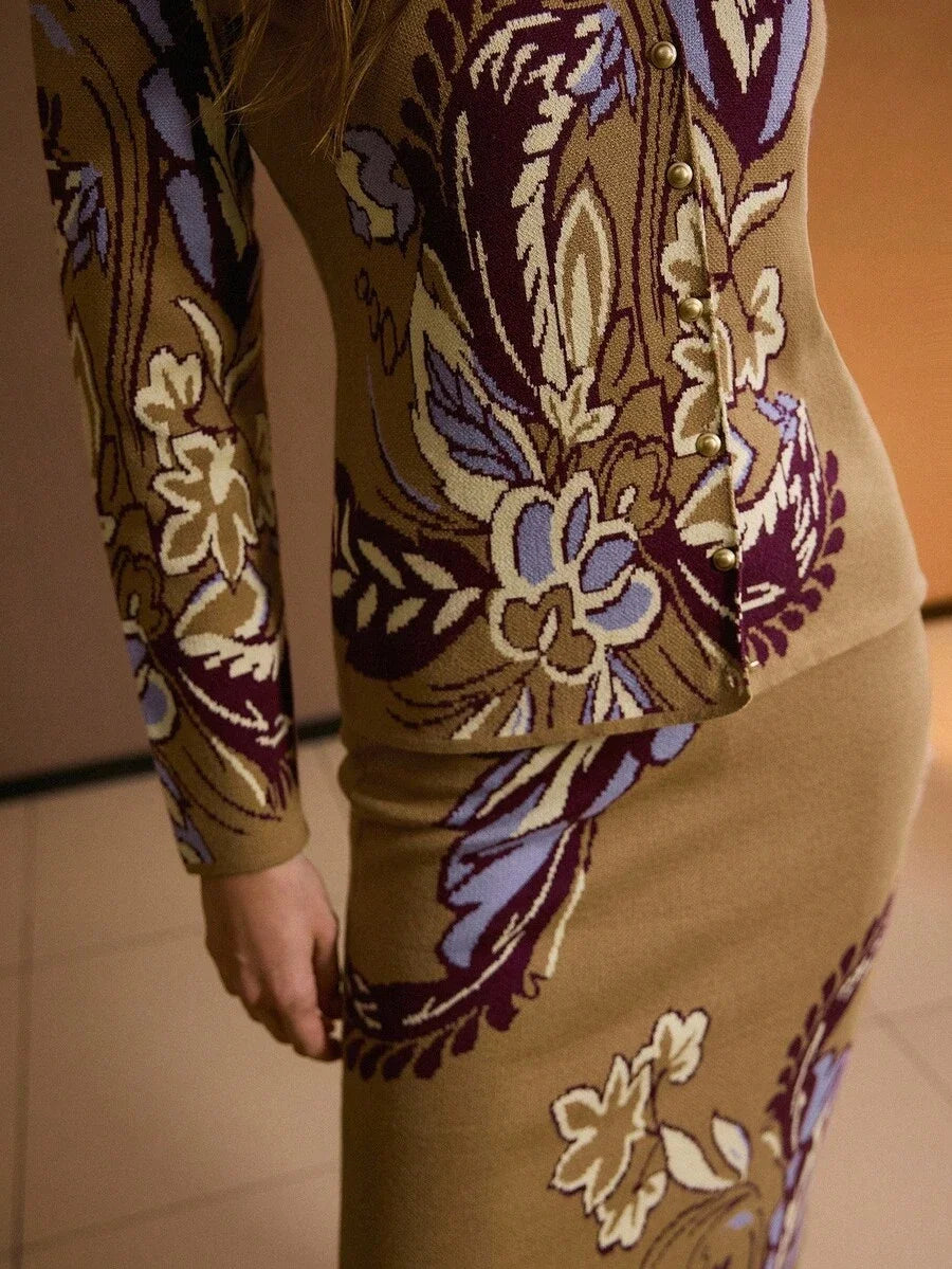 PREMIUM ALL OVER PRINT BUTTON UP TOP amp SLIM FIT SKIRT SWEATER COORD