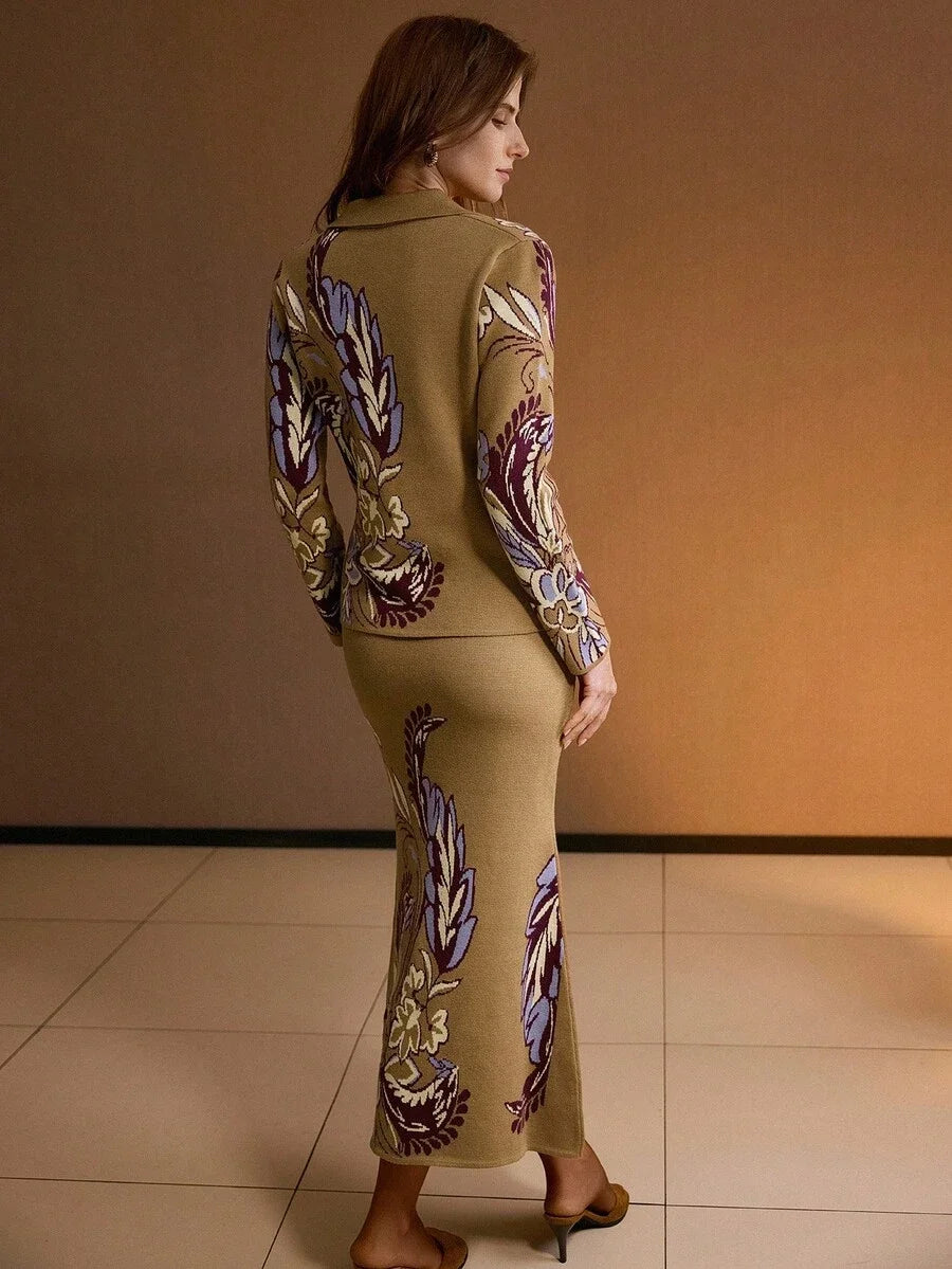 PREMIUM ALL OVER PRINT BUTTON UP TOP amp SLIM FIT SKIRT SWEATER COORD