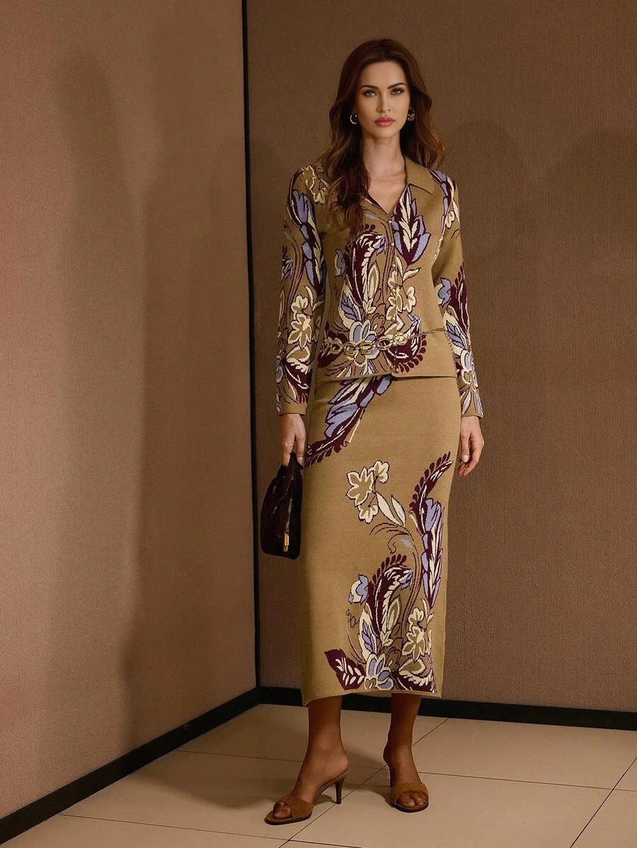 PREMIUM ALL OVER PRINT BUTTON UP TOP amp SLIM FIT SKIRT SWEATER COORD