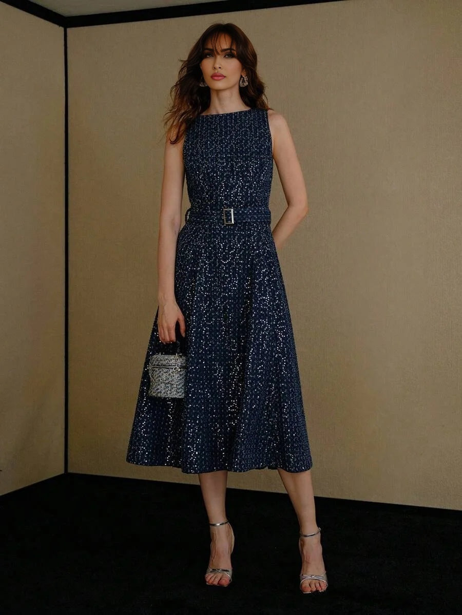 PREMIUM ALL OVER PRINT DENIM MIDI DRESS WITH BELT