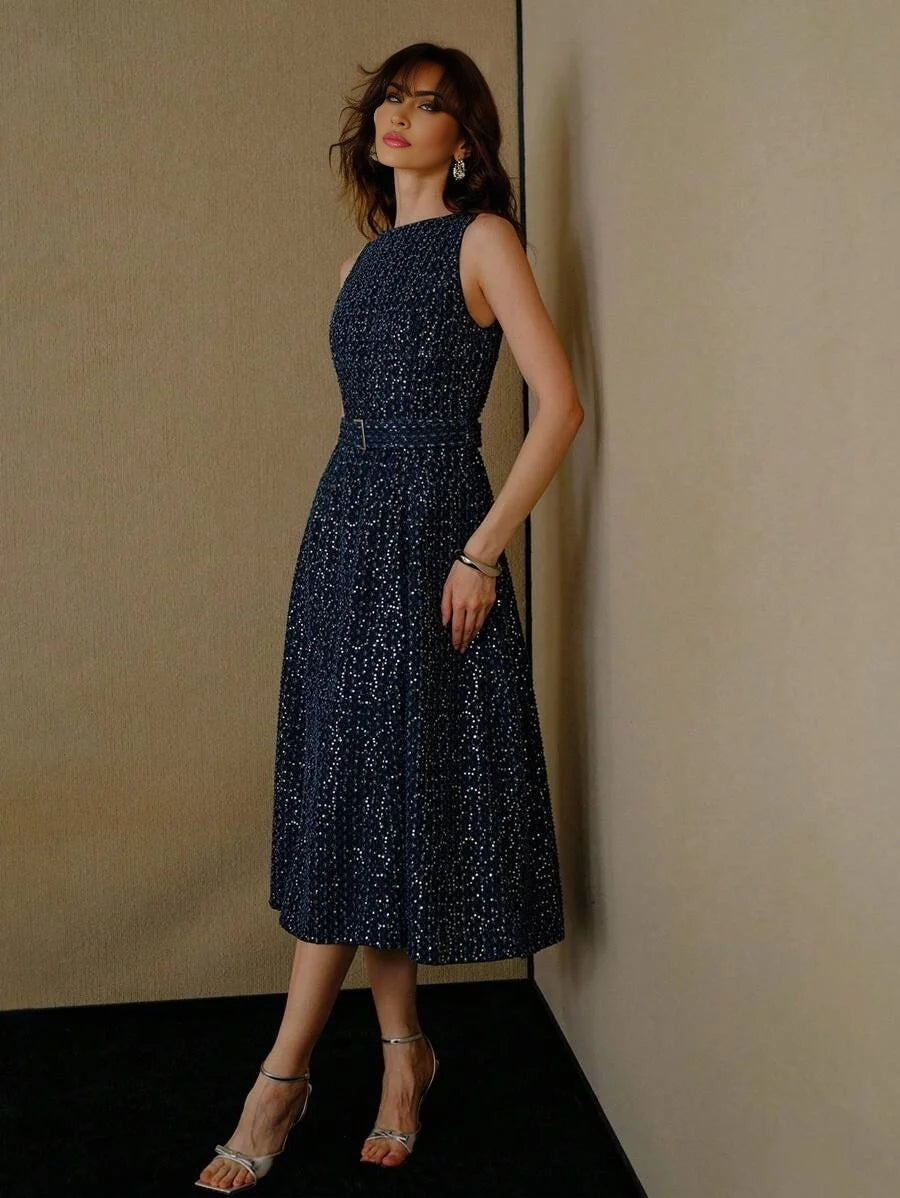 PREMIUM ALL OVER PRINT DENIM MIDI DRESS WITH BELT