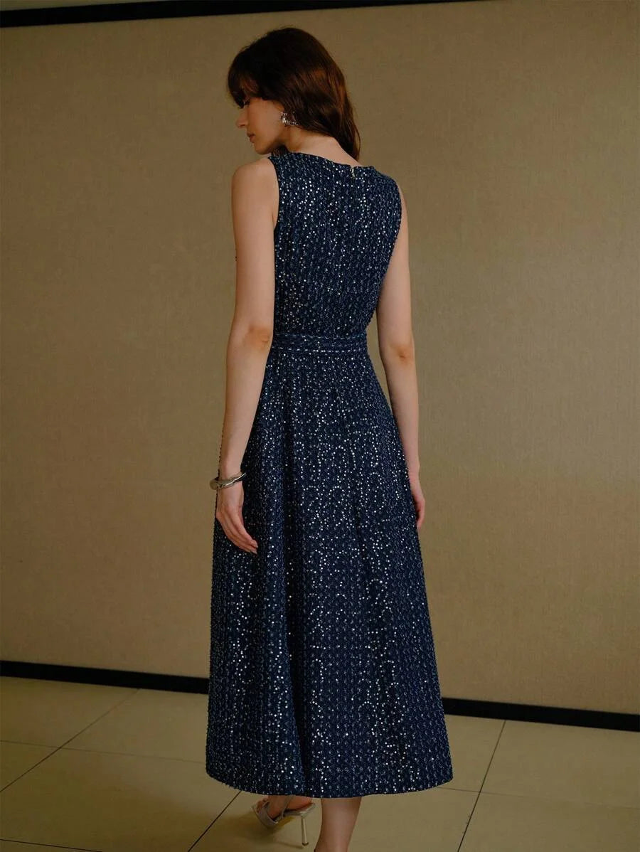 PREMIUM ALL OVER PRINT DENIM MIDI DRESS WITH BELT