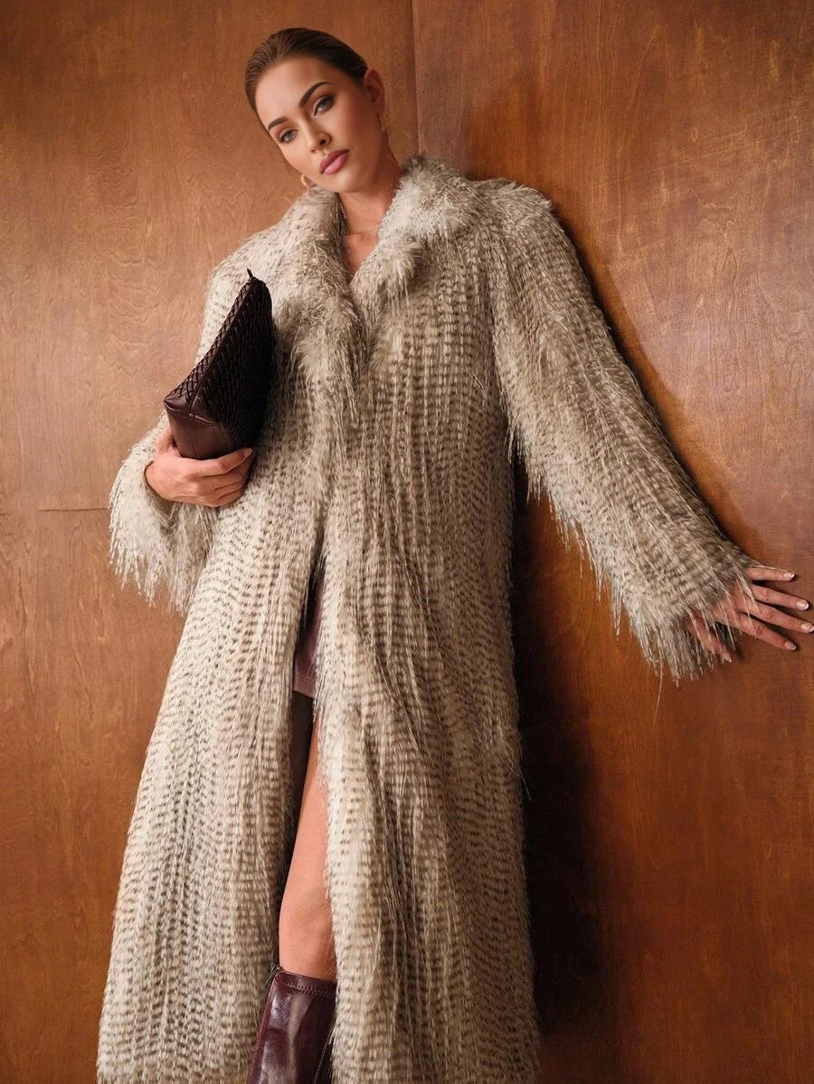 PREMIUM ALL OVER PRINT MIDI FAUX FUR COAT