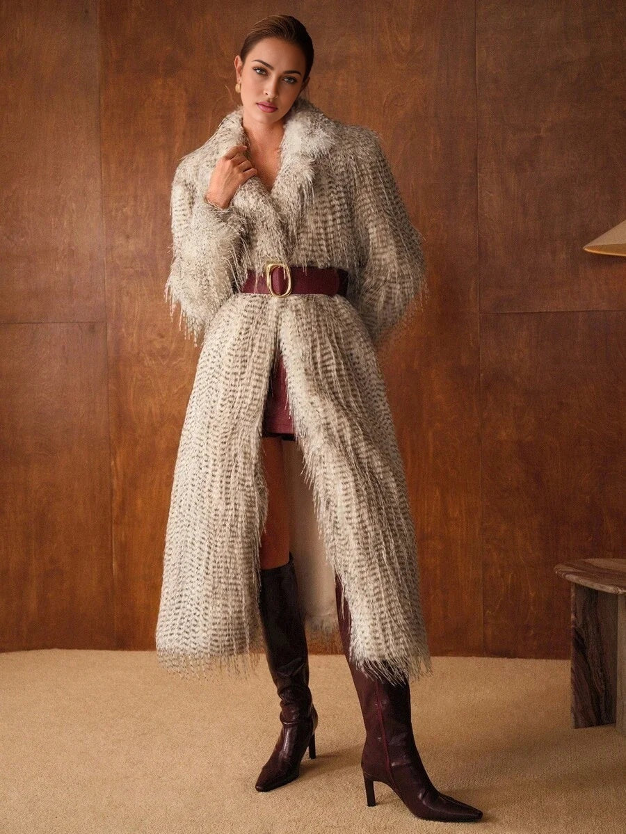 PREMIUM ALL OVER PRINT MIDI FAUX FUR COAT