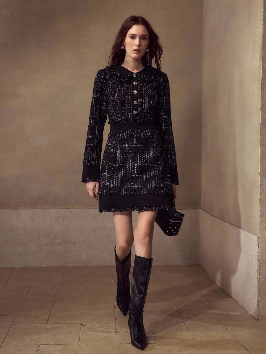 PREMIUM ALL OVER PRINT RAW EDGE SLIM FIT SHORT DRESS FOR AUTUMN