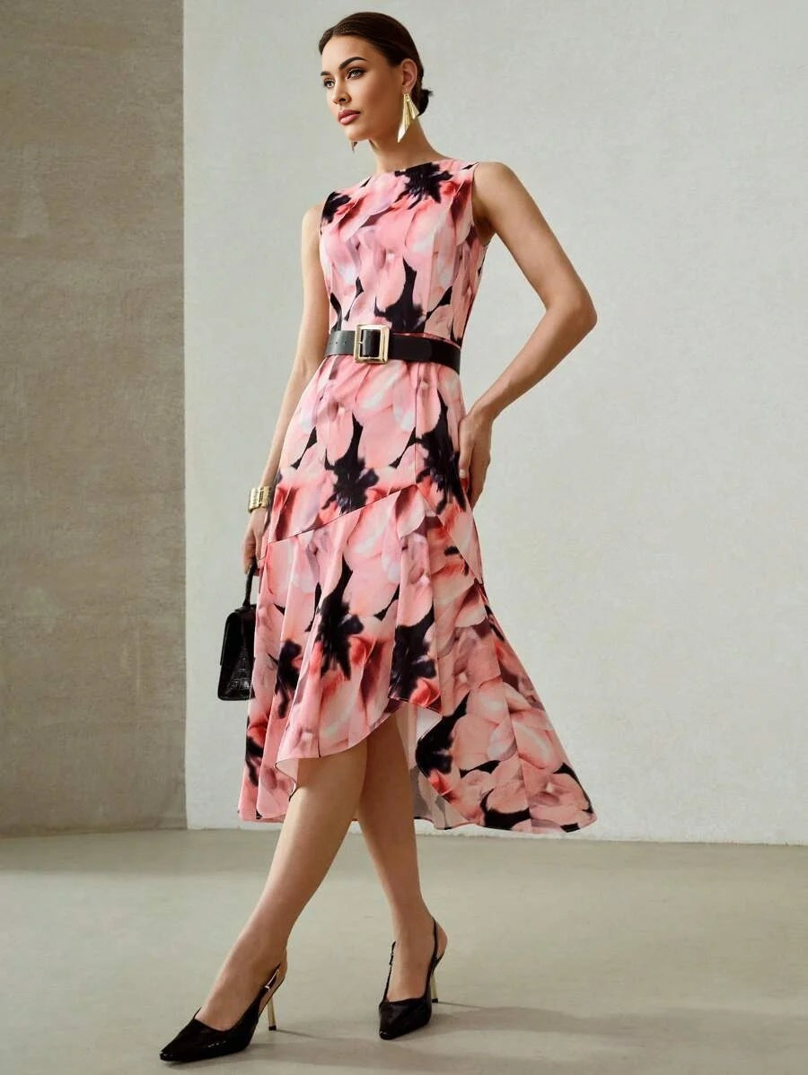 PREMIUM ALLOVER FLORAL PRINT ASYMMETRICAL RUFFLE HEM MIDI DRESS