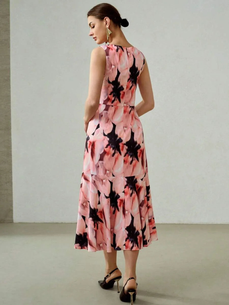 PREMIUM ALLOVER FLORAL PRINT ASYMMETRICAL RUFFLE HEM MIDI DRESS