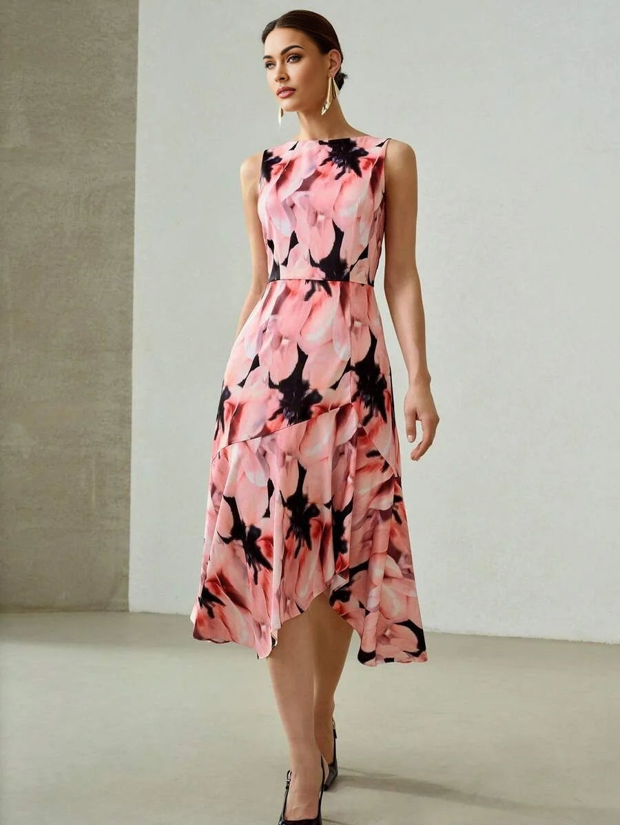 PREMIUM ALLOVER FLORAL PRINT ASYMMETRICAL RUFFLE HEM MIDI DRESS