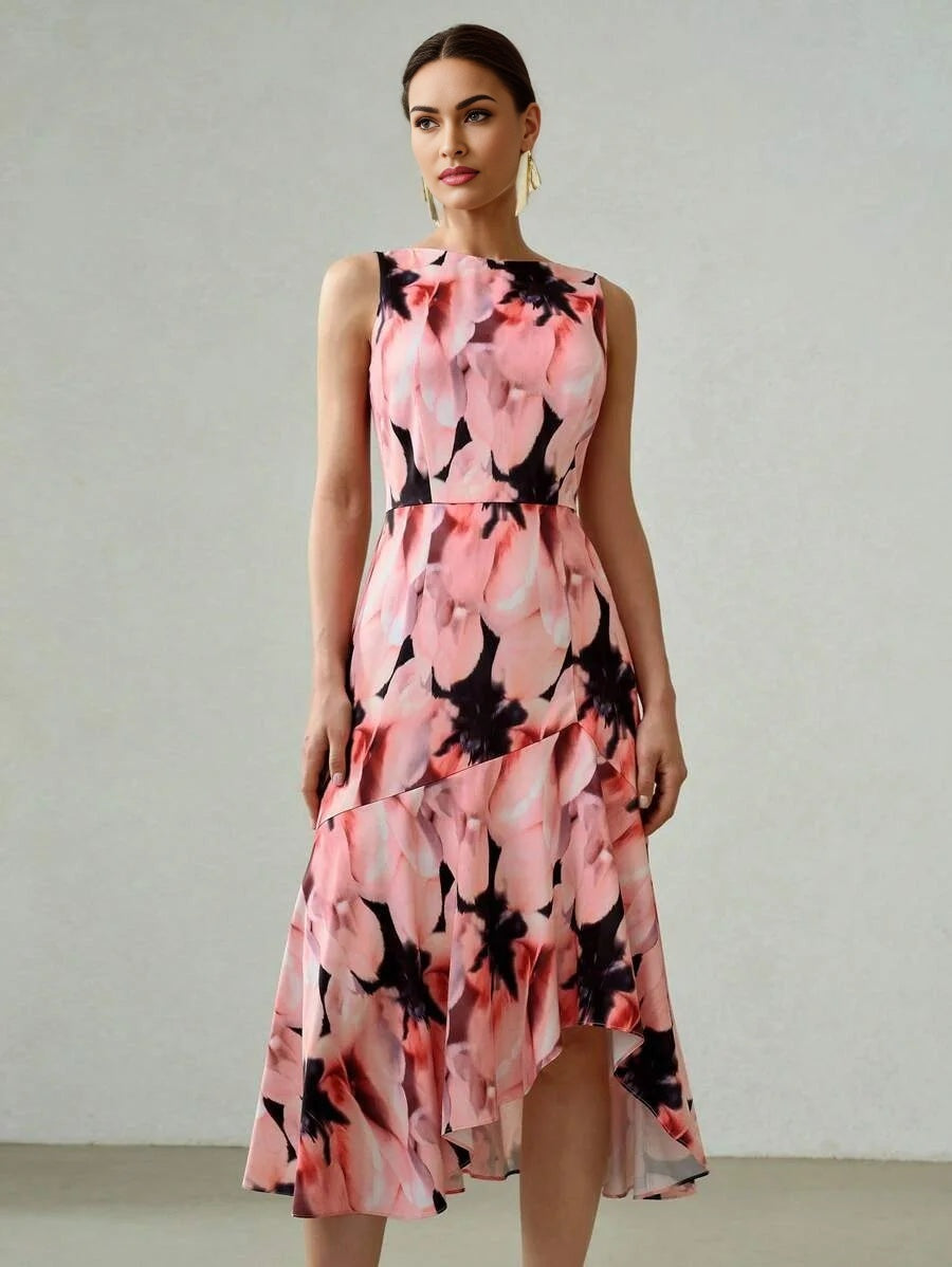 PREMIUM ALLOVER FLORAL PRINT ASYMMETRICAL RUFFLE HEM MIDI DRESS