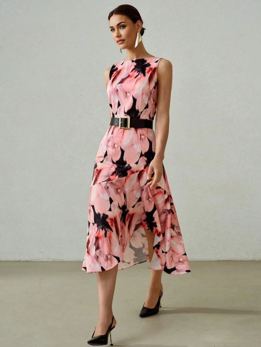 PREMIUM ALLOVER FLORAL PRINT ASYMMETRICAL RUFFLE HEM MIDI DRESS