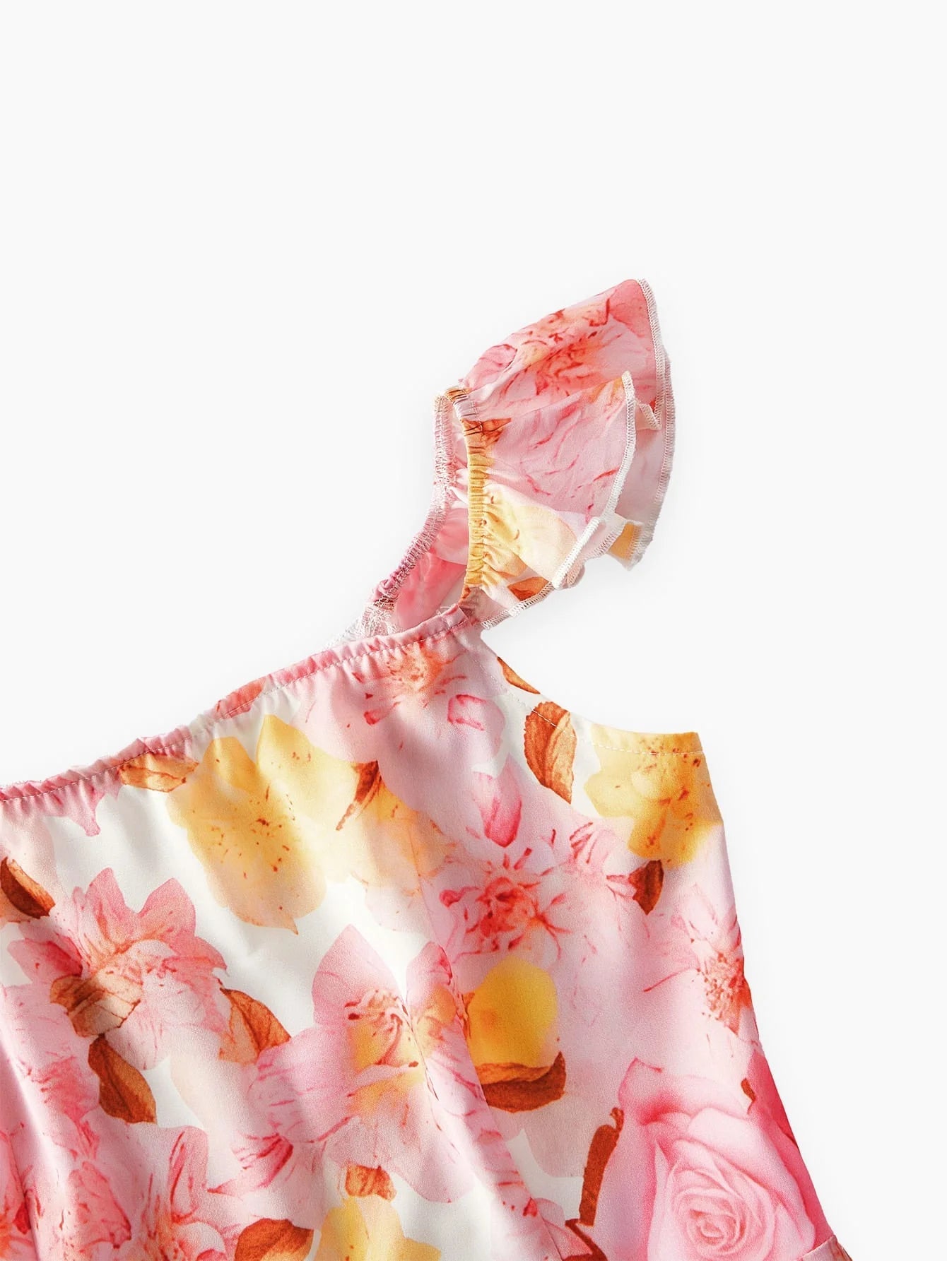 PREMIUM ALLOVER FLORAL PRINT CONTRAST LACE TRIM RUFFLE ARMHOLE FLARE LEG JUMPSUIT