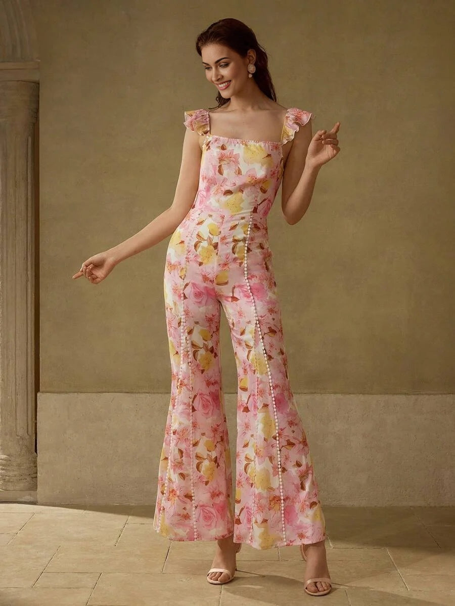 PREMIUM ALLOVER FLORAL PRINT CONTRAST LACE TRIM RUFFLE ARMHOLE FLARE LEG JUMPSUIT