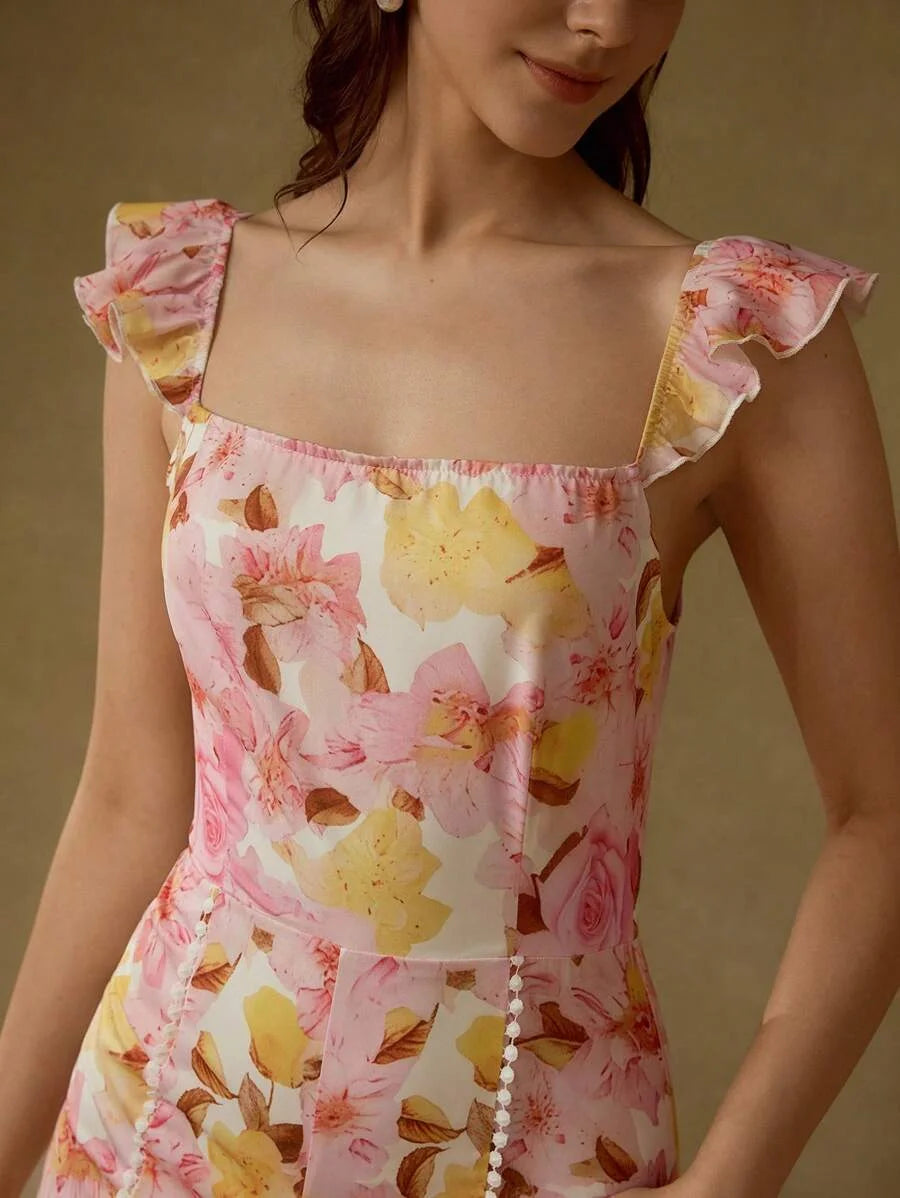 PREMIUM ALLOVER FLORAL PRINT CONTRAST LACE TRIM RUFFLE ARMHOLE FLARE LEG JUMPSUIT