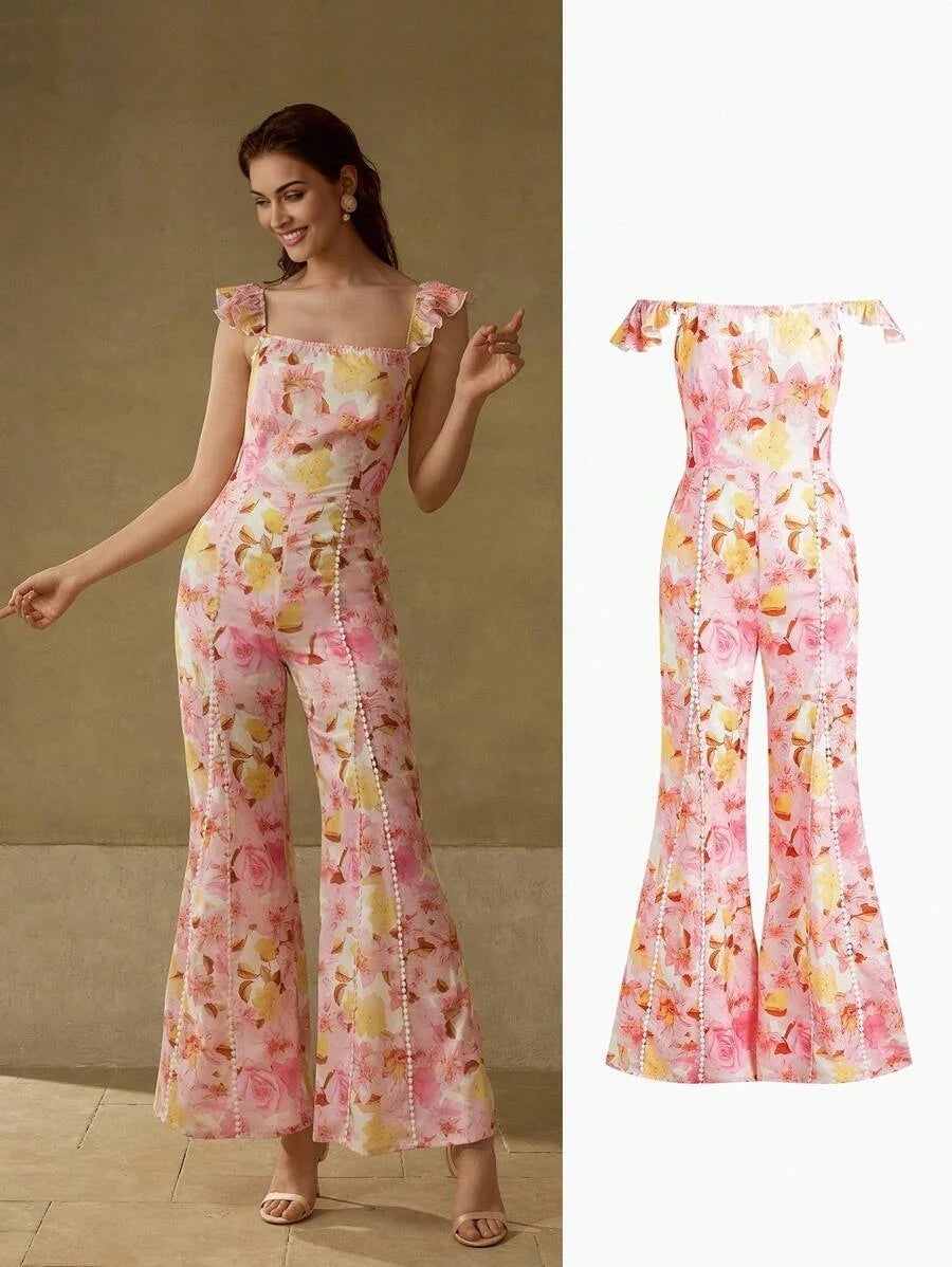 PREMIUM ALLOVER FLORAL PRINT CONTRAST LACE TRIM RUFFLE ARMHOLE FLARE LEG JUMPSUIT
