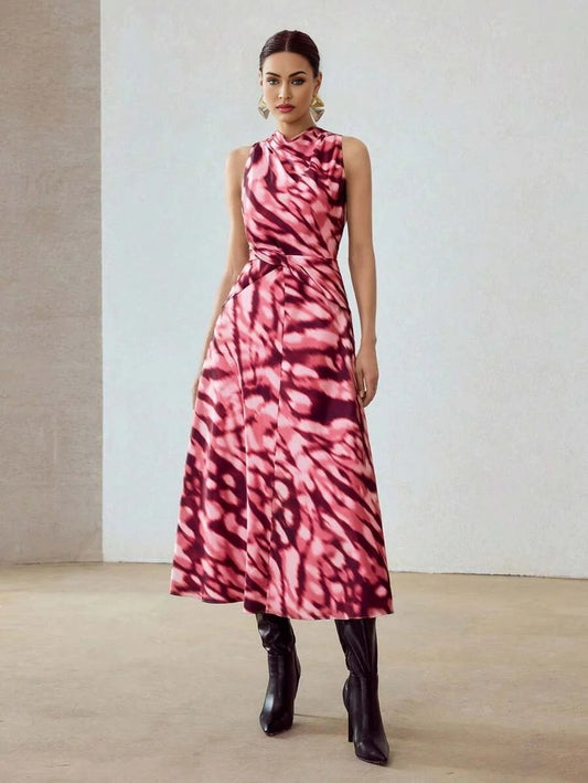 PREMIUM ALLOVER PRINT DRAPED DRESS