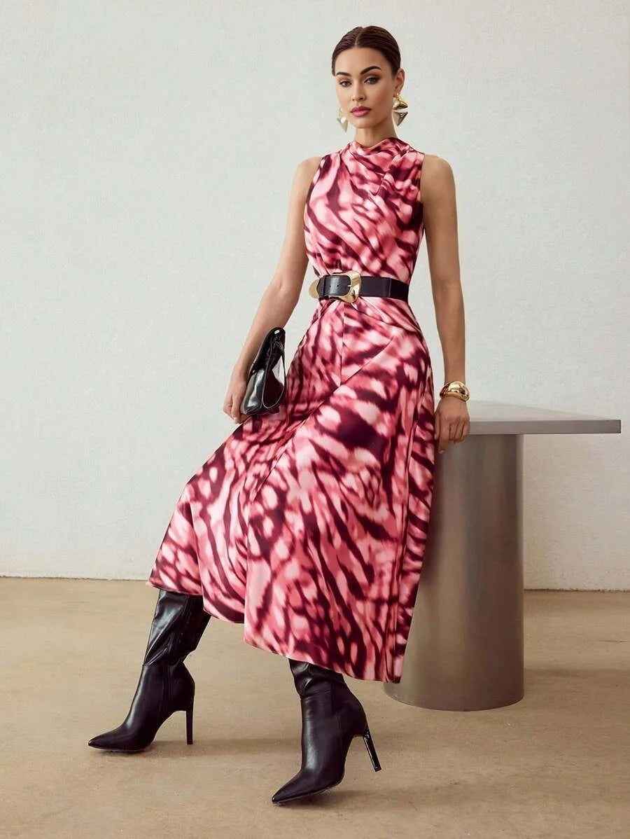 PREMIUM ALLOVER PRINT DRAPED DRESS