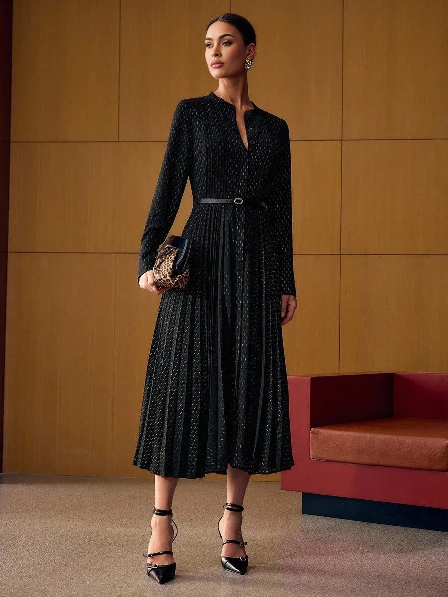 PREMIUM ALLOVER PRINT PLEATED BELTED DRESS