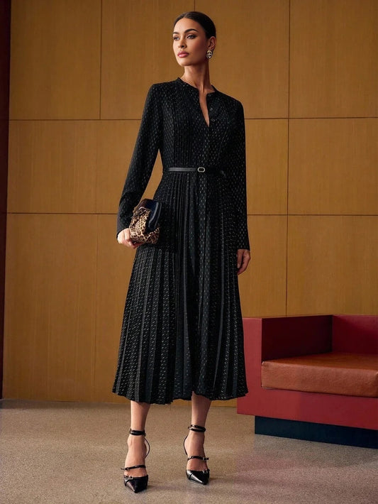 PREMIUM ALLOVER PRINT PLEATED BELTED DRESS