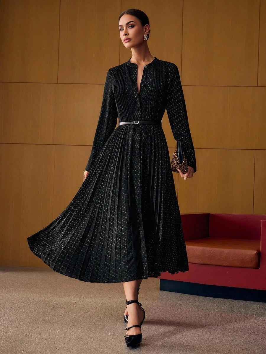 PREMIUM ALLOVER PRINT PLEATED BELTED DRESS